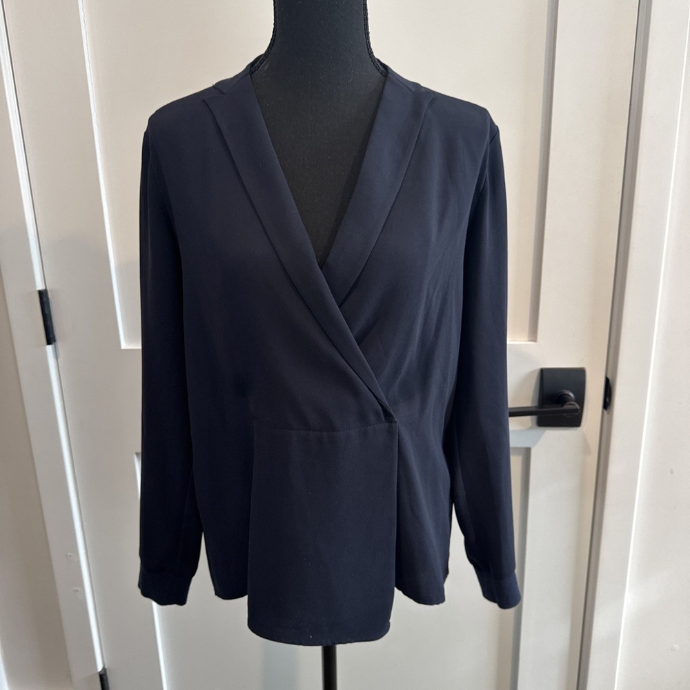 Tibi V Neck Shirt Blouse Women XS Navy Chiffon Long Sleeve Staple Asymmetrical